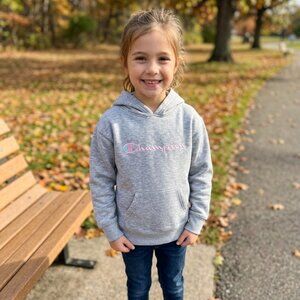 Champion Girls Heather Gray Fleece Pullover Hoodie Pink Logo S